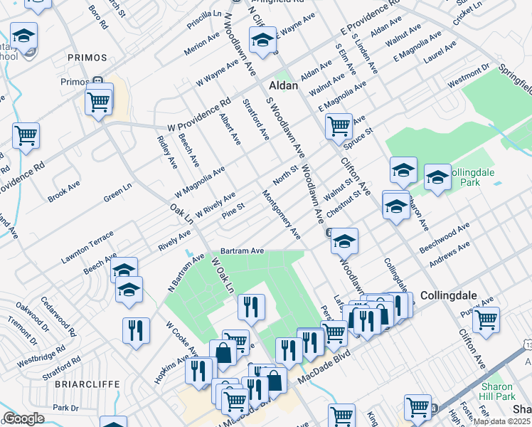map of restaurants, bars, coffee shops, grocery stores, and more near 218 Spruce Street in Glenolden