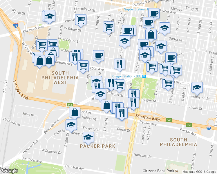map of restaurants, bars, coffee shops, grocery stores, and more near 1711 West Moyamensing Avenue in Philadelphia