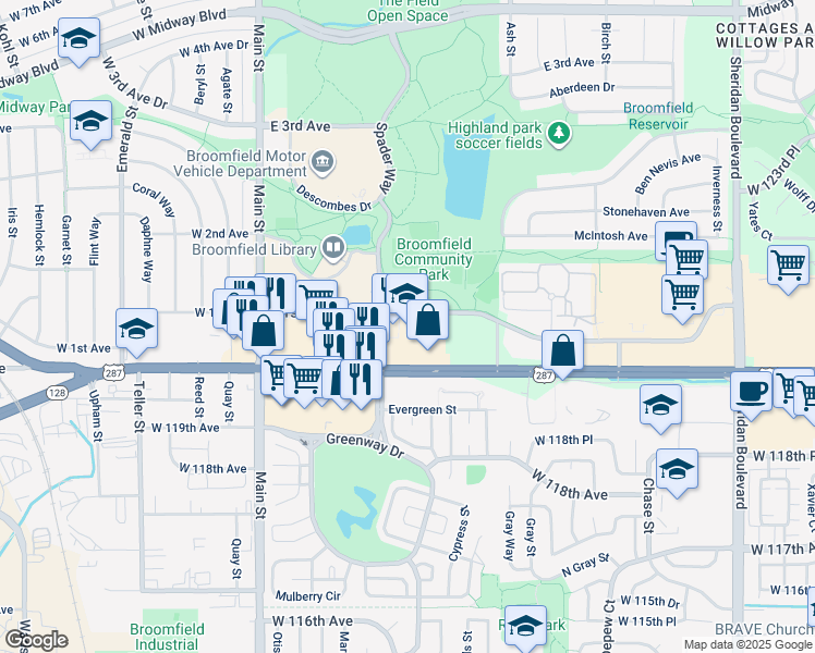 map of restaurants, bars, coffee shops, grocery stores, and more near 6363 West 120th Avenue in Broomfield