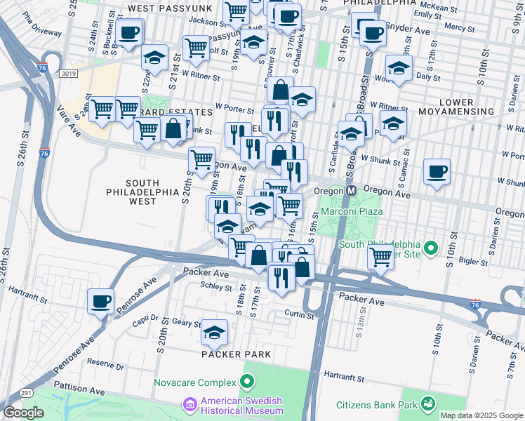 map of restaurants, bars, coffee shops, grocery stores, and more near 1711 West Moyamensing Avenue in Philadelphia