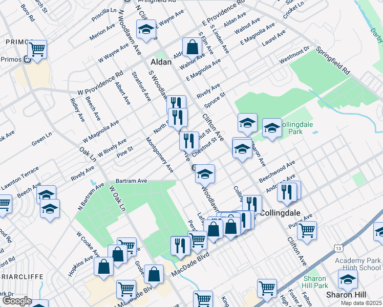 map of restaurants, bars, coffee shops, grocery stores, and more near 919 Chestnut Street in Collingdale