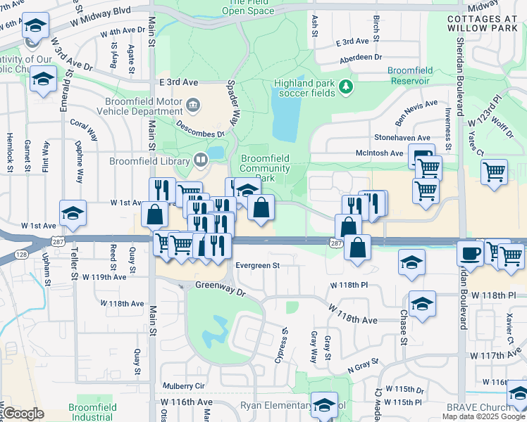 map of restaurants, bars, coffee shops, grocery stores, and more near 600 East 1st Avenue in Broomfield