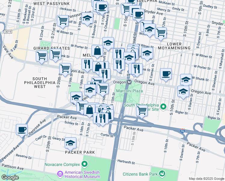 map of restaurants, bars, coffee shops, grocery stores, and more near 2849 South Sydenham Street in Philadelphia