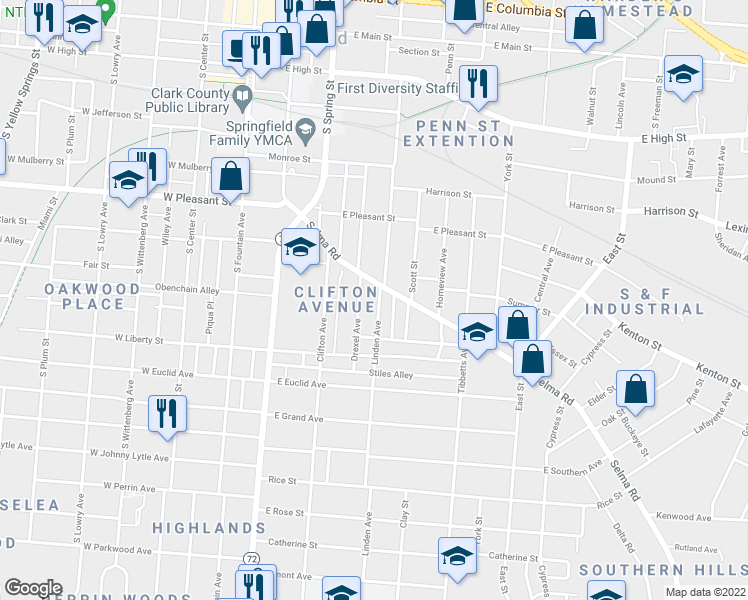map of restaurants, bars, coffee shops, grocery stores, and more near 715 Linden Avenue in Springfield