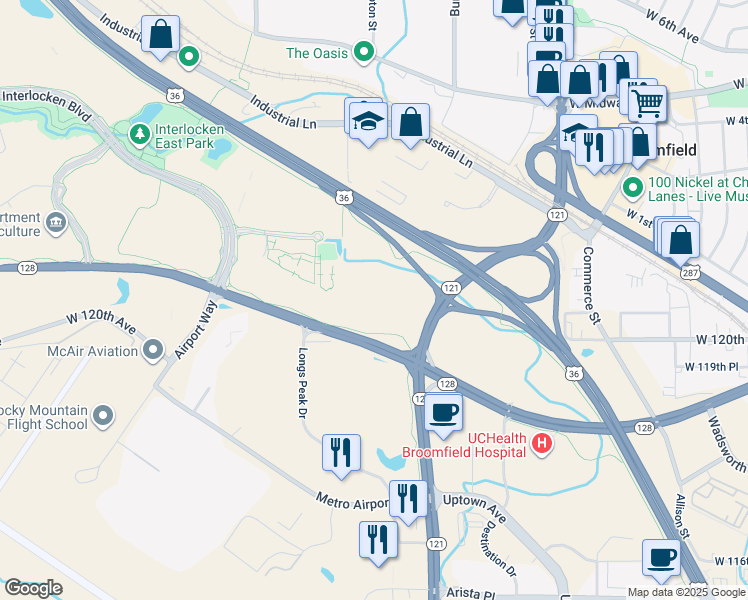 map of restaurants, bars, coffee shops, grocery stores, and more near 12000 Thomas Court in Broomfield