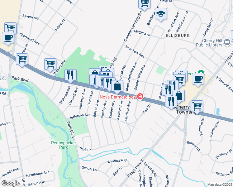 map of restaurants, bars, coffee shops, grocery stores, and more near 8 Madison Avenue in Cherry Hill