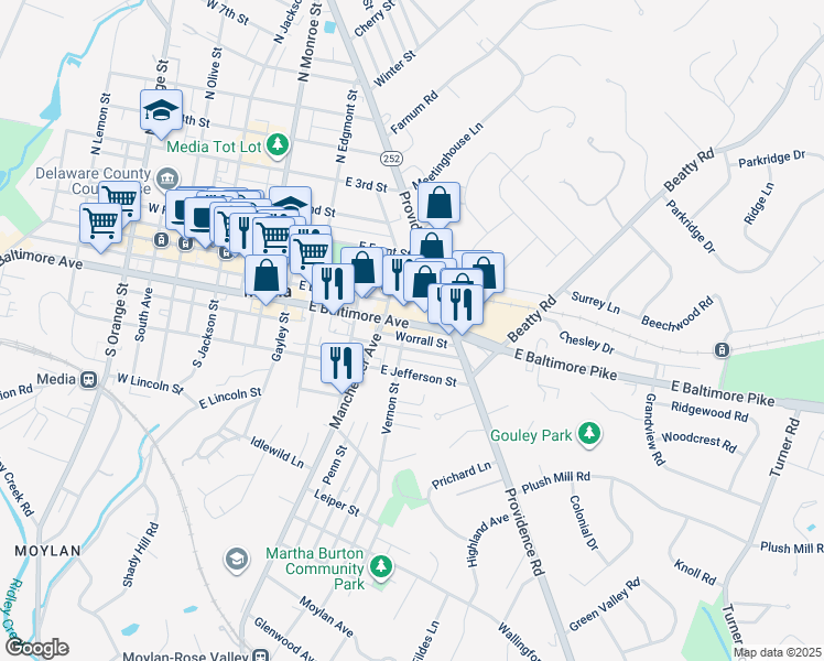 map of restaurants, bars, coffee shops, grocery stores, and more near 302 Vernon Street in Media
