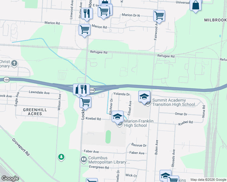 map of restaurants, bars, coffee shops, grocery stores, and more near 2446 Kitchner Drive in Columbus