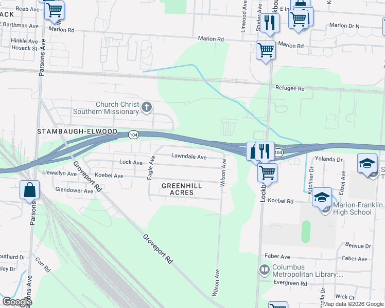 map of restaurants, bars, coffee shops, grocery stores, and more near 848 Lock Avenue in Columbus