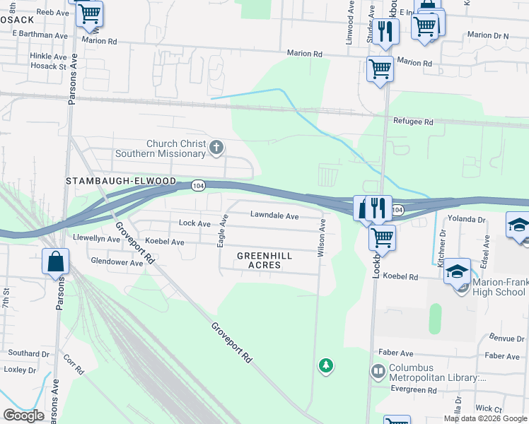 map of restaurants, bars, coffee shops, grocery stores, and more near 848 Lock Avenue in Columbus