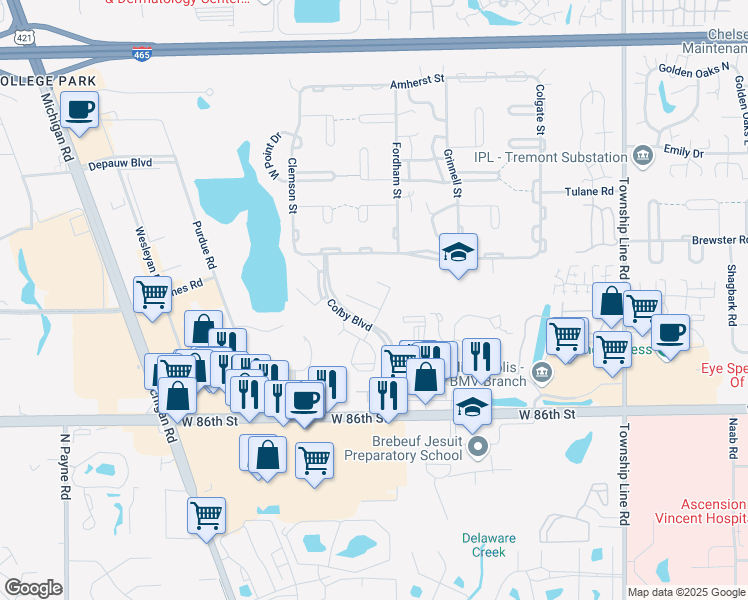map of restaurants, bars, coffee shops, grocery stores, and more near 8851 Colby Boulevard in Indianapolis