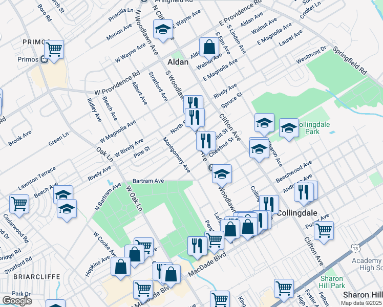 map of restaurants, bars, coffee shops, grocery stores, and more near 1009 Walnut Street in Collingdale