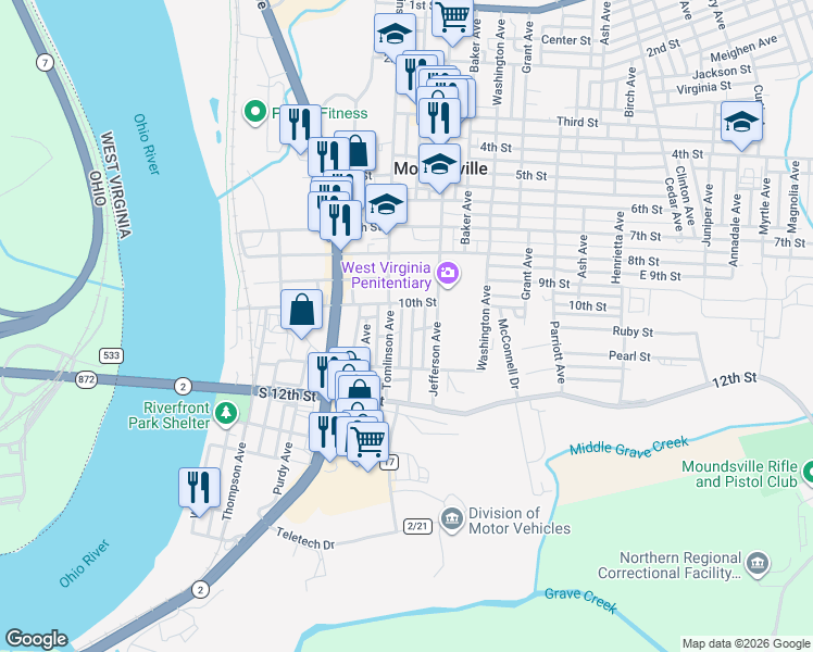map of restaurants, bars, coffee shops, grocery stores, and more near 1020 Tomlinson Avenue in Moundsville