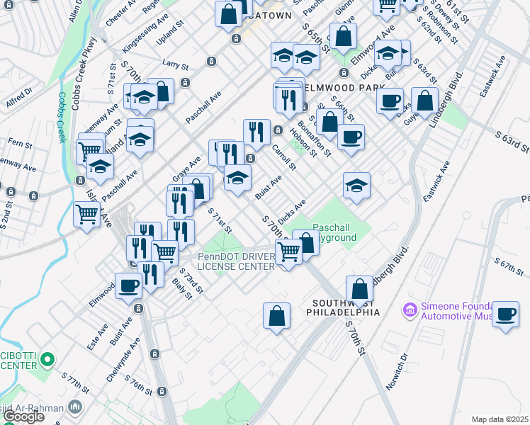 map of restaurants, bars, coffee shops, grocery stores, and more near 2629 South 70th Street in Philadelphia