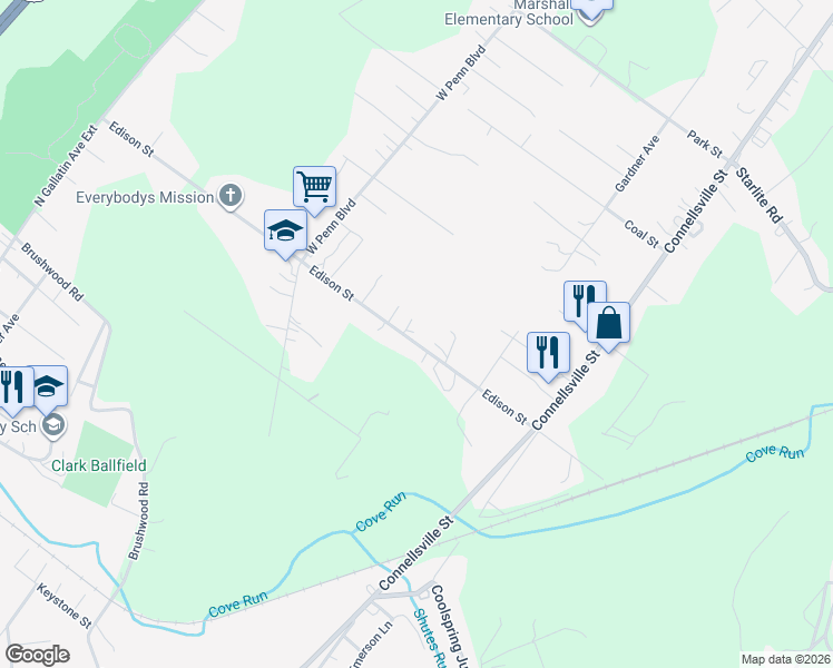 map of restaurants, bars, coffee shops, grocery stores, and more near 265 Edison Street in Uniontown