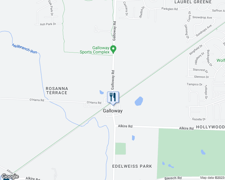 map of restaurants, bars, coffee shops, grocery stores, and more near 1860 Galloway Road in Galloway