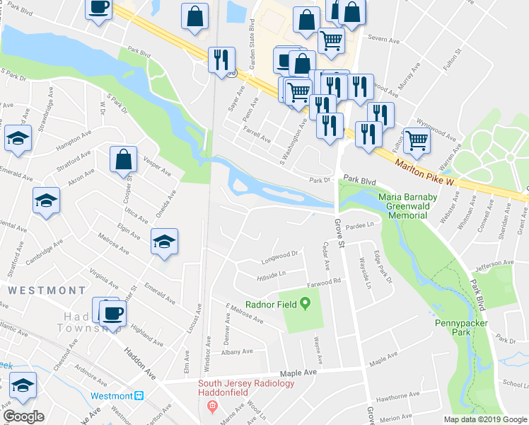 map of restaurants, bars, coffee shops, grocery stores, and more near 360 Carriage House Lane in Haddonfield