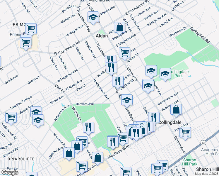 map of restaurants, bars, coffee shops, grocery stores, and more near 1009 Walnut Street in Collingdale