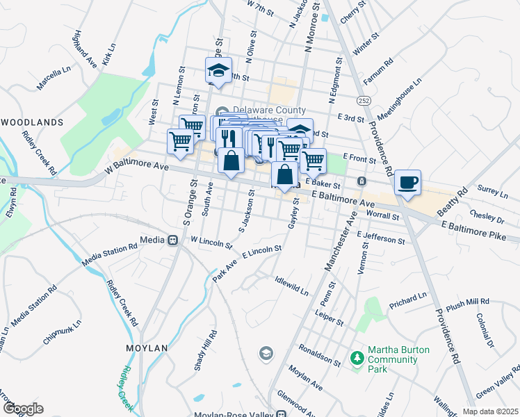 map of restaurants, bars, coffee shops, grocery stores, and more near 318 Church Street in Media