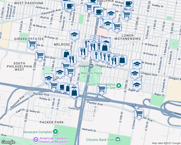 map of restaurants, bars, coffee shops, grocery stores, and more near 2800 South Broad Street in Philadelphia