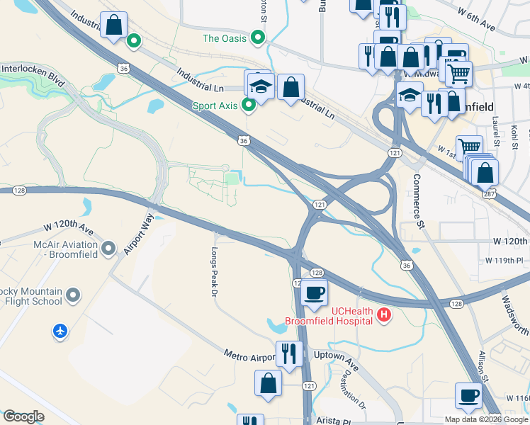 map of restaurants, bars, coffee shops, grocery stores, and more near 12000 Thomas Court in Broomfield