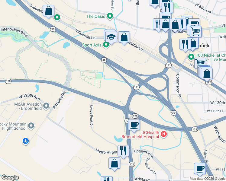 map of restaurants, bars, coffee shops, grocery stores, and more near 12000 Thomas Court in Broomfield