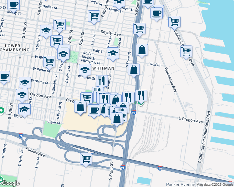 map of restaurants, bars, coffee shops, grocery stores, and more near 111 West Shunk Street in Philadelphia