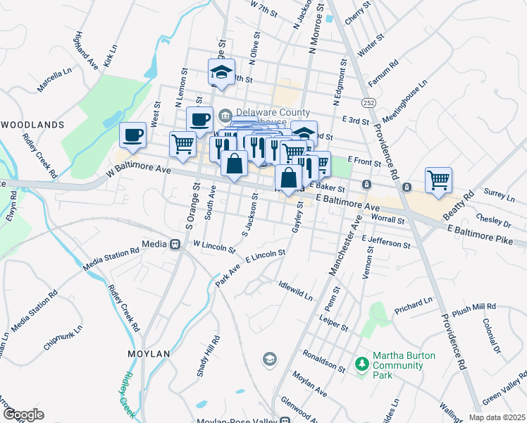 map of restaurants, bars, coffee shops, grocery stores, and more near 318 Church Street in Media
