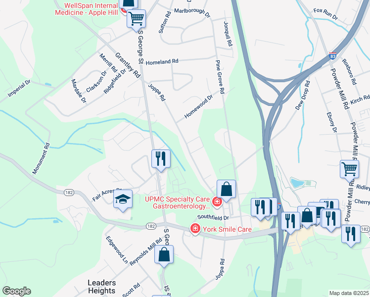 map of restaurants, bars, coffee shops, grocery stores, and more near 2496 Joppa Road in York
