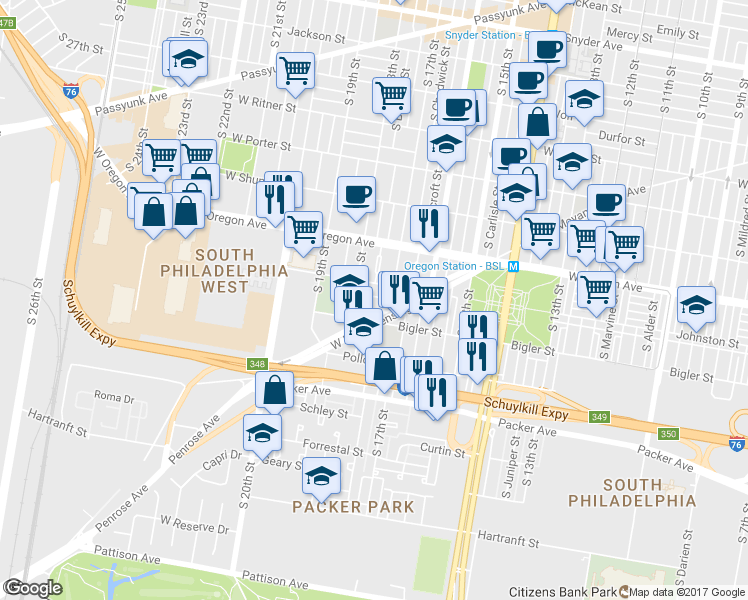 map of restaurants, bars, coffee shops, grocery stores, and more near 1732 Stocker Street in Philadelphia