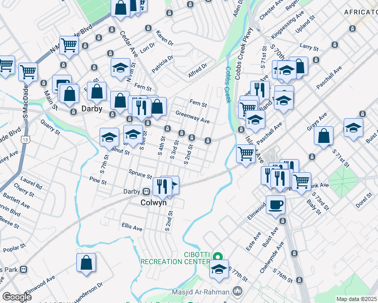 map of restaurants, bars, coffee shops, grocery stores, and more near 30 South 2nd Street in Darby
