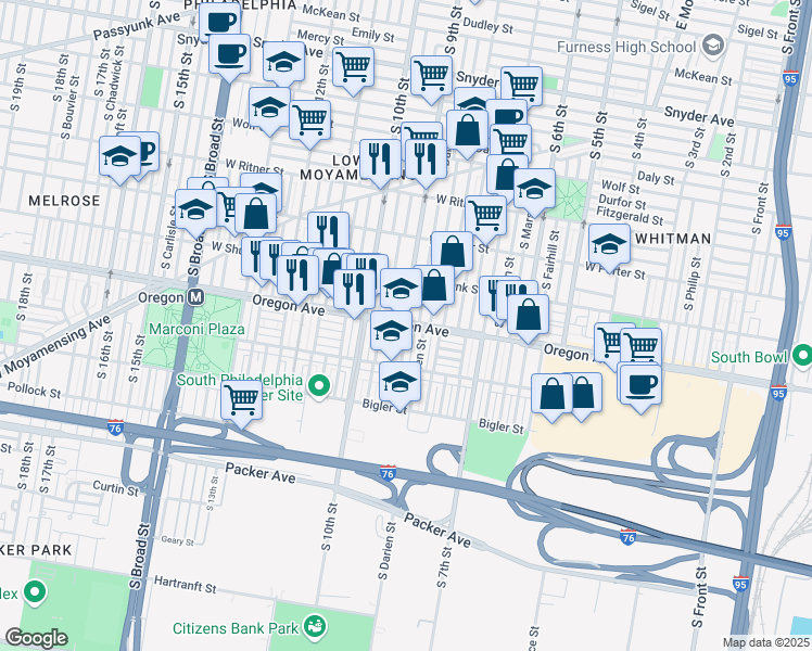 map of restaurants, bars, coffee shops, grocery stores, and more near 900 West Oregon Avenue in Philadelphia