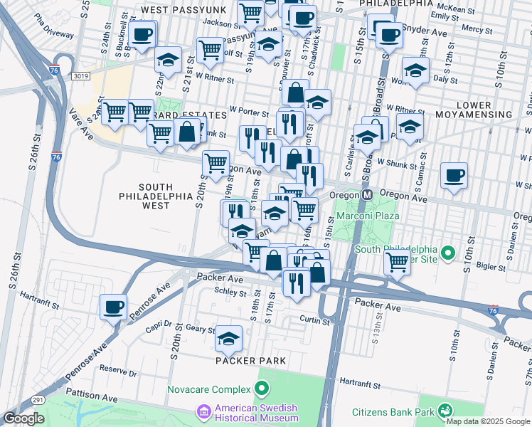 map of restaurants, bars, coffee shops, grocery stores, and more near 1732 Stocker Street in Philadelphia