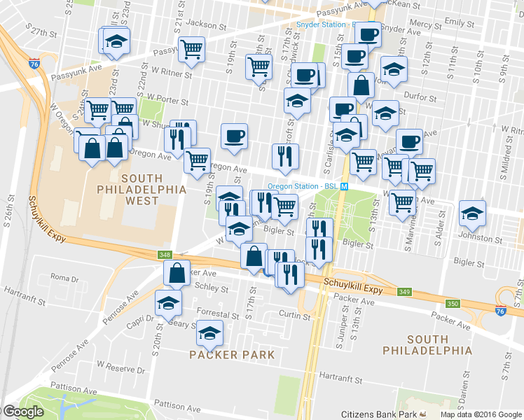 map of restaurants, bars, coffee shops, grocery stores, and more near 1701 West Moyamensing Avenue in Philadelphia