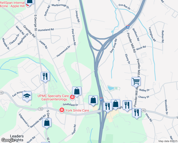 map of restaurants, bars, coffee shops, grocery stores, and more near 41 Dew Drop Road in York
