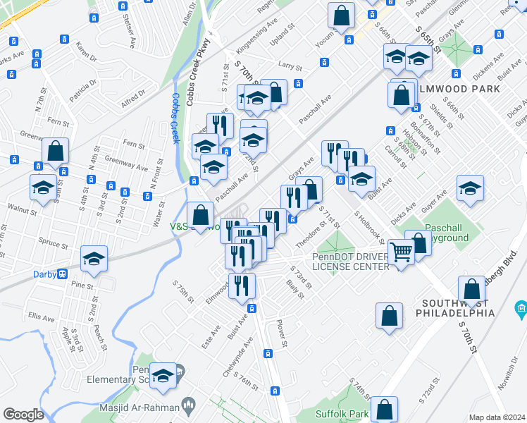 map of restaurants, bars, coffee shops, grocery stores, and more near 7226 Grays Avenue in Philadelphia