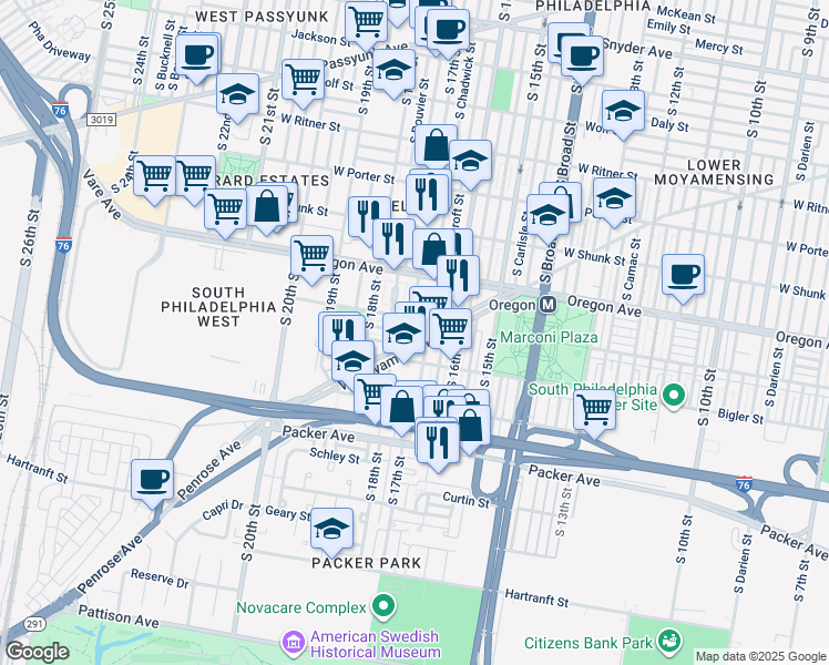 map of restaurants, bars, coffee shops, grocery stores, and more near 1701 West Moyamensing Avenue in Philadelphia