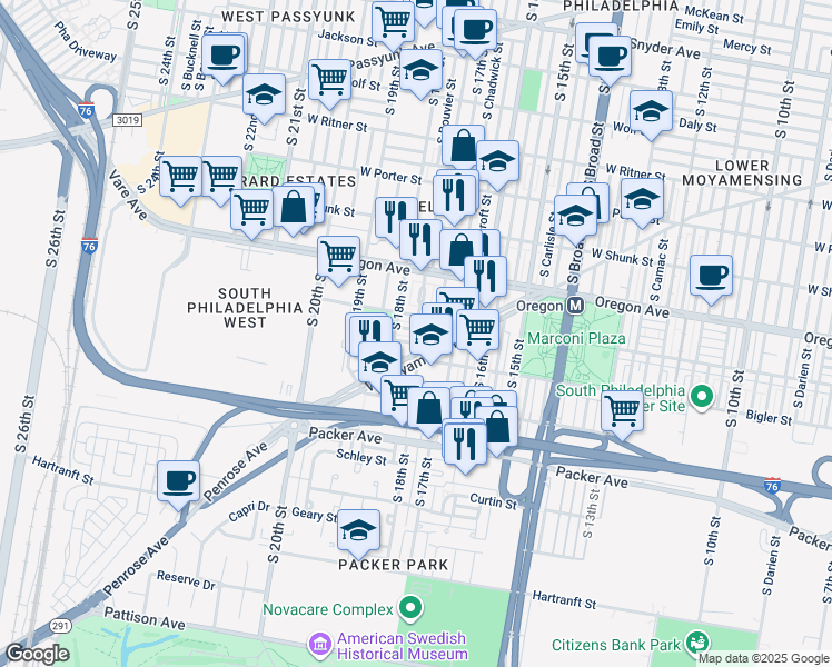 map of restaurants, bars, coffee shops, grocery stores, and more near 1734 Stocker Street in Philadelphia