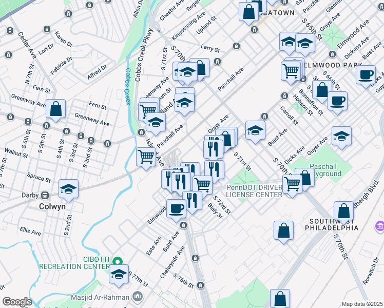 map of restaurants, bars, coffee shops, grocery stores, and more near 7226 Grays Avenue in Philadelphia