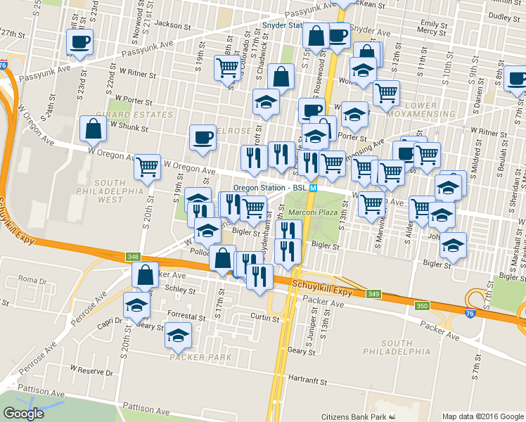 map of restaurants, bars, coffee shops, grocery stores, and more near 2805 South 16th Street in Philadelphia