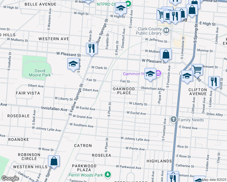 map of restaurants, bars, coffee shops, grocery stores, and more near 344 Oakwood Place in Springfield