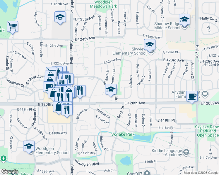 map of restaurants, bars, coffee shops, grocery stores, and more near Northaven Circle in Thornton