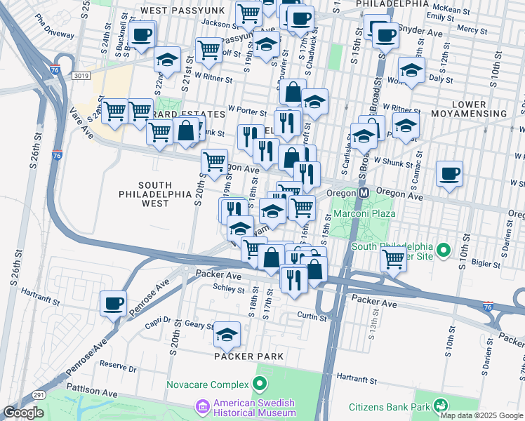 map of restaurants, bars, coffee shops, grocery stores, and more near 1734 Stocker Street in Philadelphia