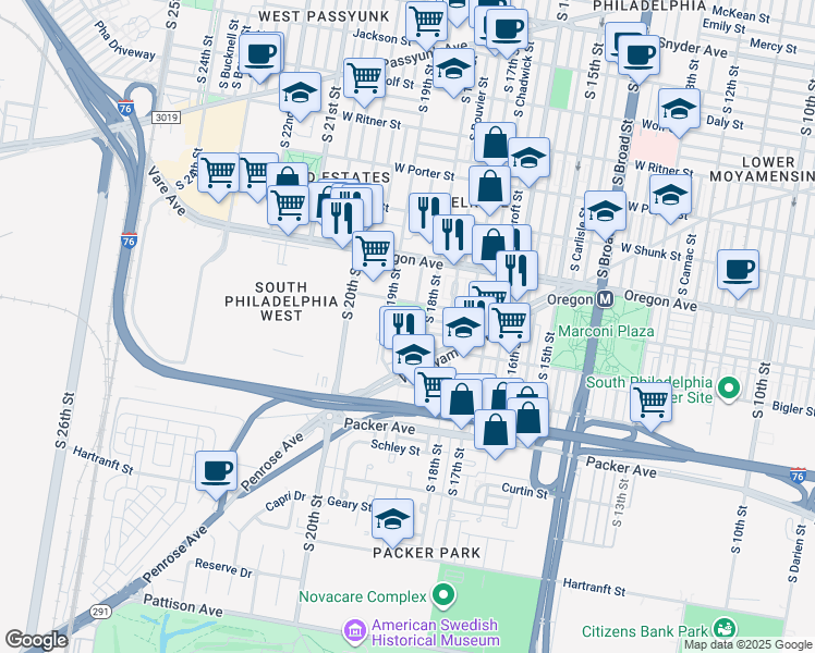map of restaurants, bars, coffee shops, grocery stores, and more near 1800 Bigler Street in Philadelphia