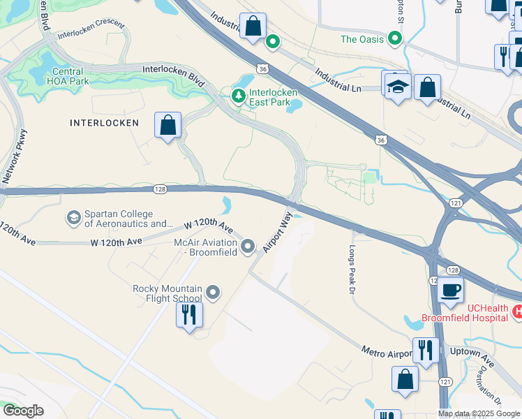 map of restaurants, bars, coffee shops, grocery stores, and more near 12303 Airport Way in Broomfield