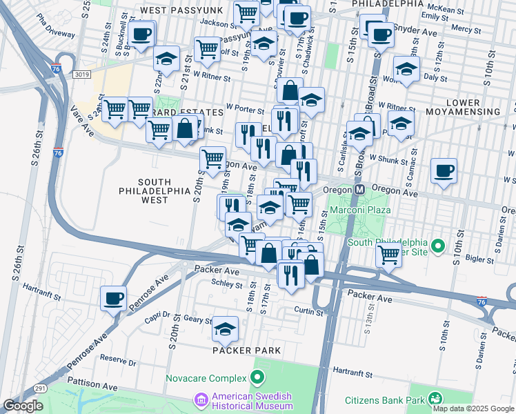 map of restaurants, bars, coffee shops, grocery stores, and more near 1740 Stocker Street in Philadelphia