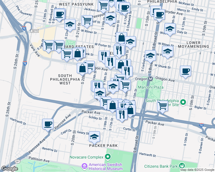 map of restaurants, bars, coffee shops, grocery stores, and more near 1720 West Moyamensing Avenue in Philadelphia