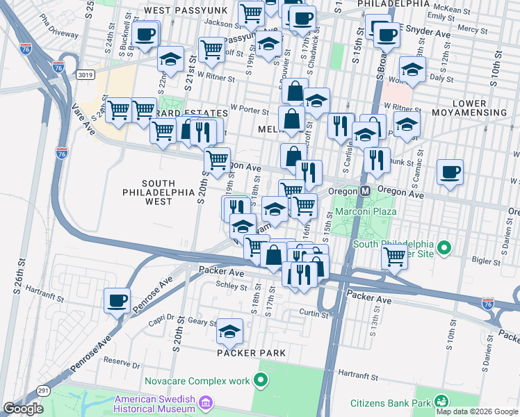 map of restaurants, bars, coffee shops, grocery stores, and more near 1720 West Moyamensing Avenue in Philadelphia