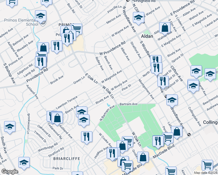 map of restaurants, bars, coffee shops, grocery stores, and more near in Delaware County
