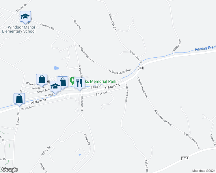 map of restaurants, bars, coffee shops, grocery stores, and more near 72 East Main Street in Windsor